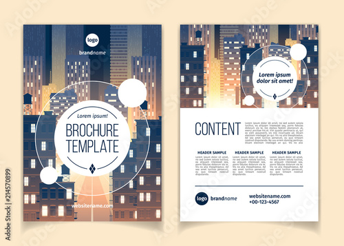 Vector cartoon brochure with cityscape at night, megapolis with modern buildings, skyscrapers, big city with lights. Business leaflet template with space for main content, header, contact information
