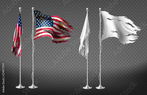 Vector realistic set with damaged flags of United States of America on steel poles isolated on transparent background. Dirty white banners with ragged edges on flagpole. Clipart for your design