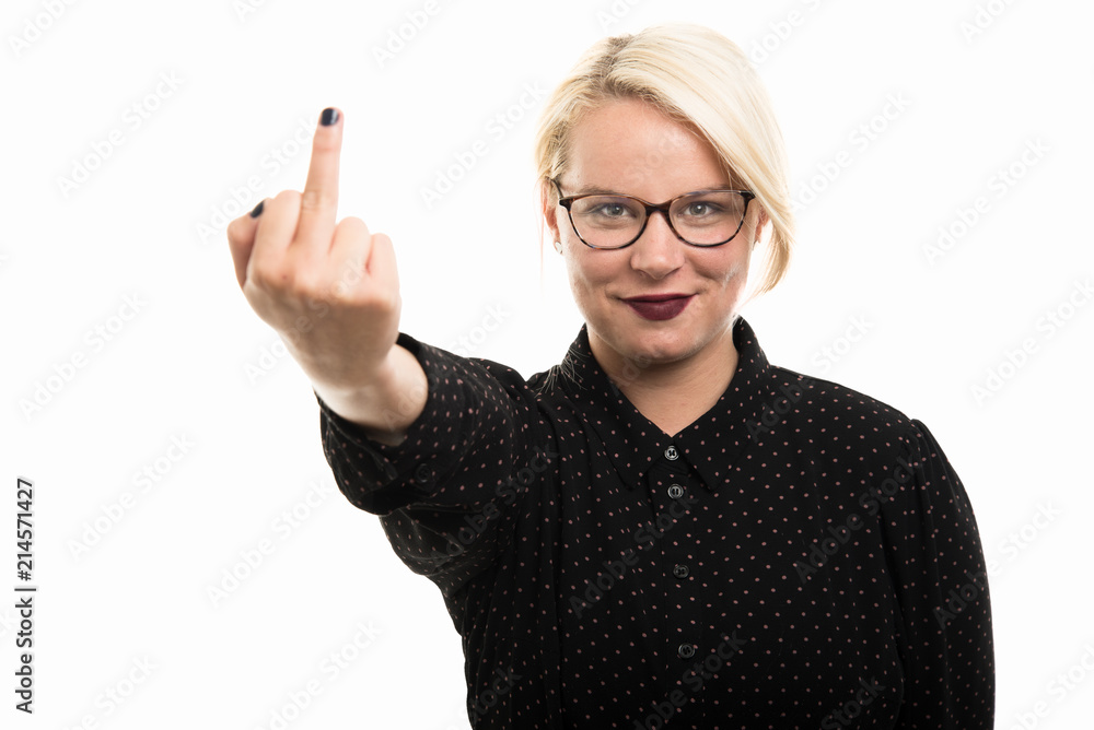 Young blonde female teacher wearing glasses showing middle finger gesture Young blonde female teacher wearing glasses showing middle finger gesture