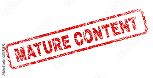 MATURE CONTENT stamp seal print with distress style. Red vector rubber print of MATURE CONTENT caption with grunge texture. Text caption is placed inside rounded rectangle frame.