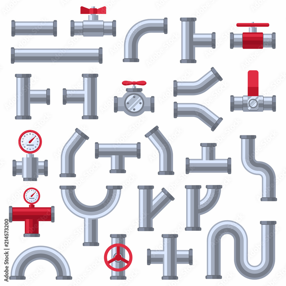Obraz premium Pipe details set isolated on white background. Industrial pipeline parts in flat style. Sewer pipes, sensors and valves. Plumbing pieces vector illustration. Eps 10.
