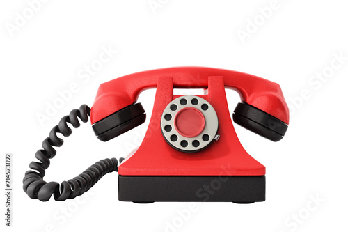 Hot line concept Red vintage telephone taking a call ideal for contact page 3d render on white no shadow