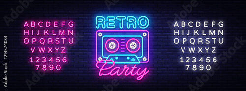 Retro Party neon poster, card or invitation, design template. Retro tape recorder cassettes neon sign, light banner. Back to the 90s. Vector illustration eon style. Editing text neon sign
