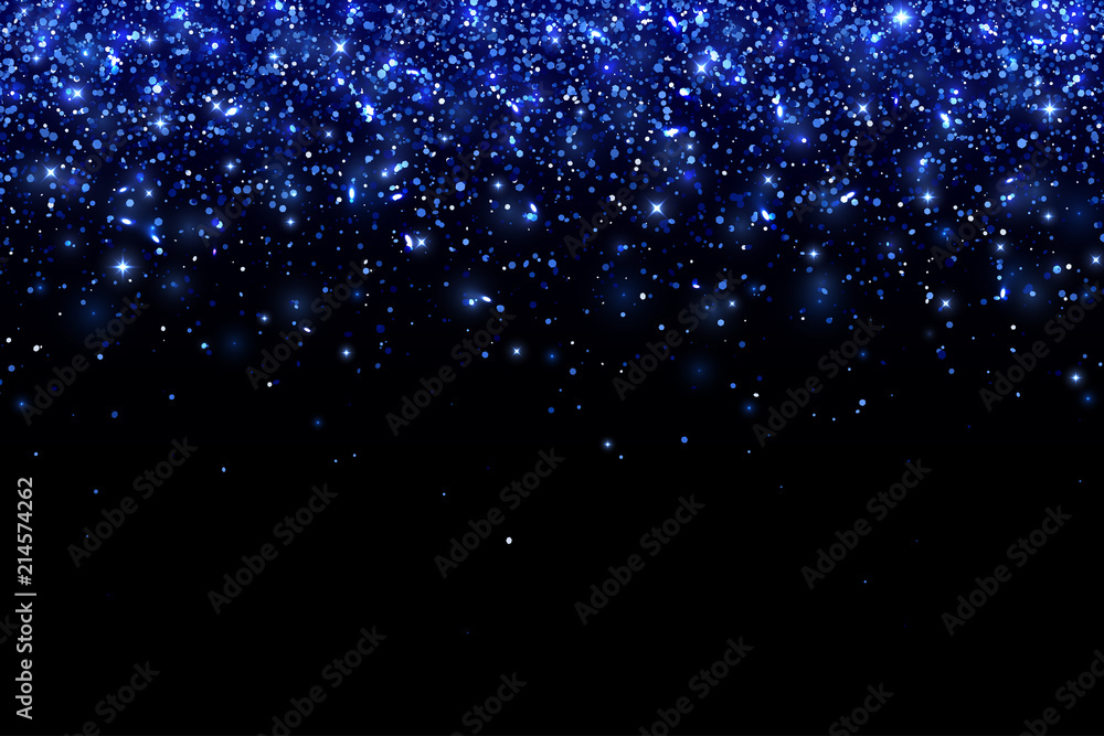 Blue falling particles on black background, horizontal orientation