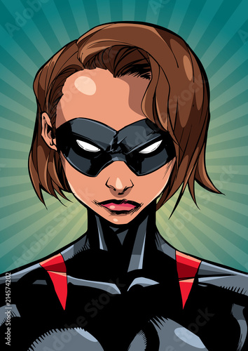 Comics illustration of the portrait of a powerful masked superheroine looking at camera with a tough facial expression on abstract background.