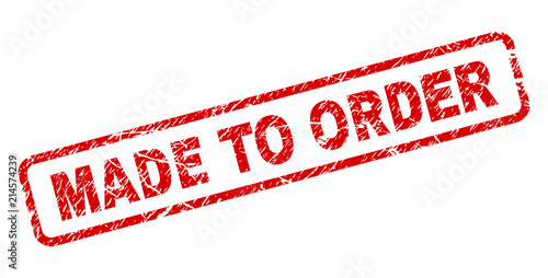 MADE TO ORDER stamp seal print with distress style. Red vector rubber print of MADE TO ORDER title with dirty texture. Text title is placed inside rounded rectangle frame.