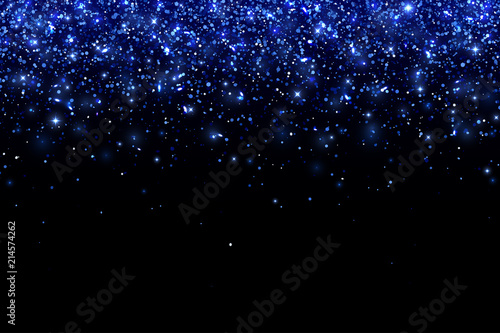 Blue falling particles on black background, horizontal orientation. Vector