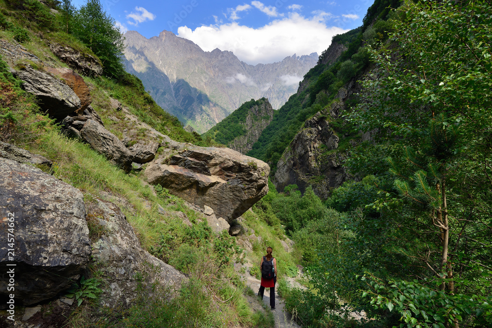 Beautiful Dariali Gorge near the Kazbegi city in the mountains of the Caucasus, Geprgia.