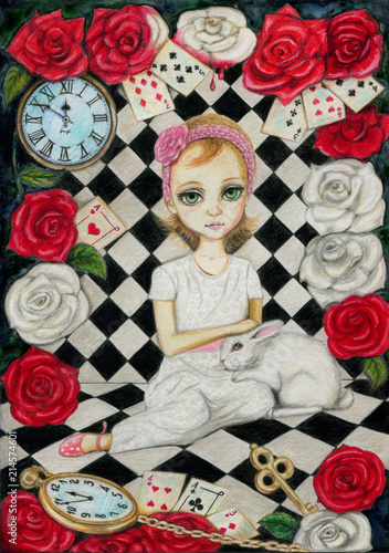 girl, rabbit, roses, playing cards, Alice in Wonderland