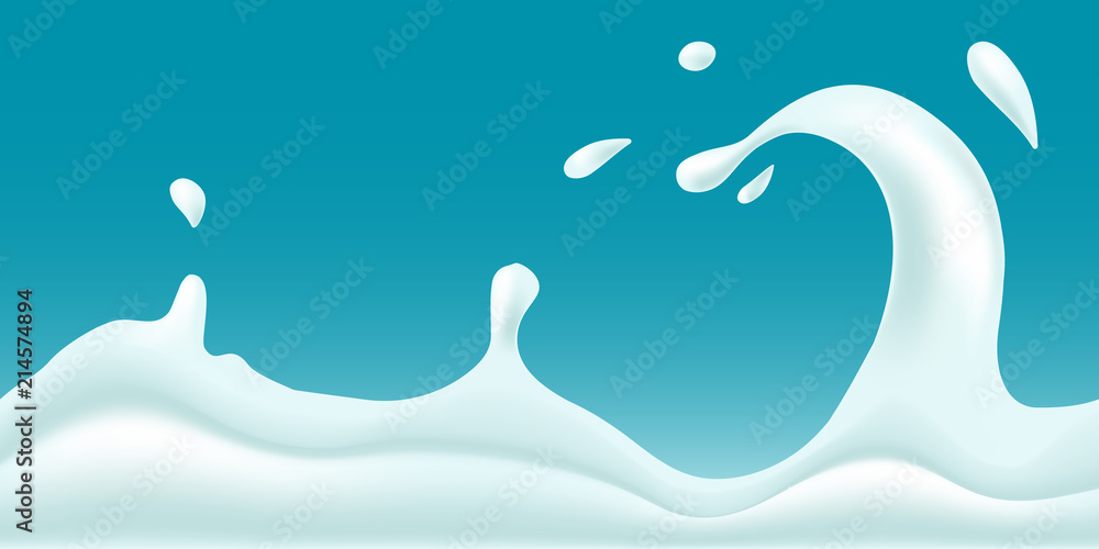 Vector realistic milk splashes and waves on blue gradient background. Used meshes