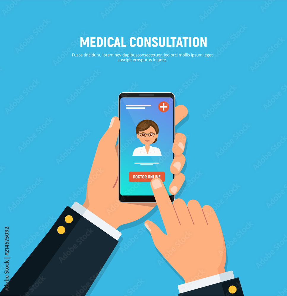 Close-up of person hands holds phone with online doctor consultation on screen. Medical and healthcare concept. Vector illustration in flat style. Close-up of person hands holds phone with online doctor consultation on screen. Medical and healthcare concept. Vector illustration in flat style.