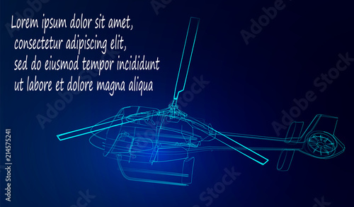 Helicopter from neon lines on a blue background. Vector illustration.