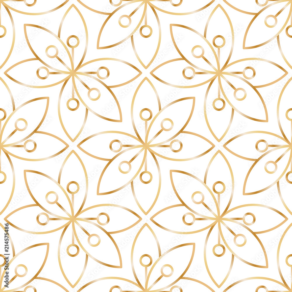 Seamless linear golden flower pattern on white background