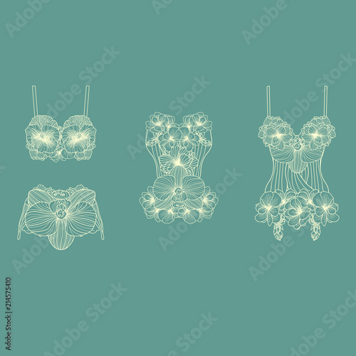 Set of retro lingerie pieces made of linear flowers,