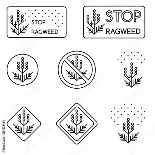 Set of minimalist linear signs about ragweed, dangerous weed, allergy cause