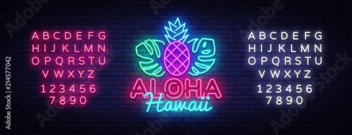 Aloha neon sign vector. Aloha Hawaii Design template neon sign, summer light banner, neon signboard, nightly bright advertising, light inscription. Vector Illustration. Editing text neon sign