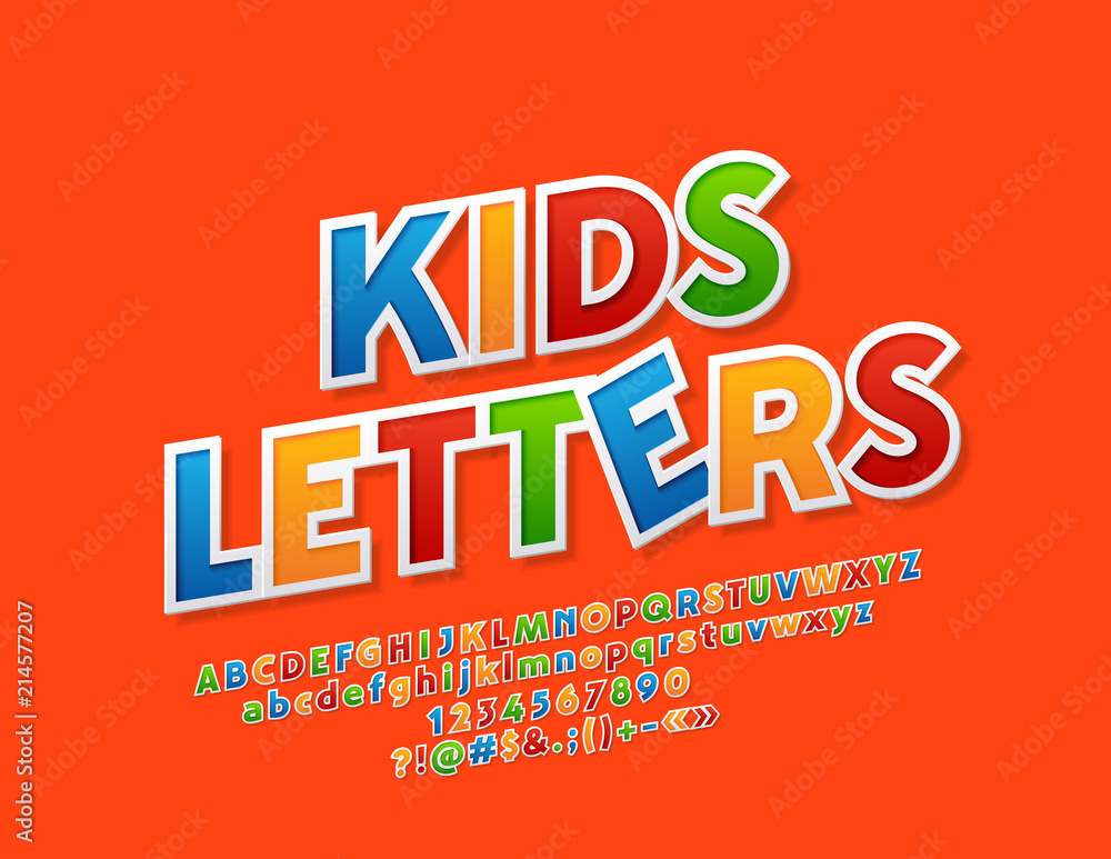 Fototapeta Vector Colorful Unusual Kids Font. Bright Alphabet Letters, Numbers and Punctuation Symbols