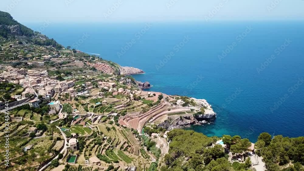 Aerial: Banyalbufar town in Mallorca, Spain Aerial: Banyalbufar town in Mallorca, Spain