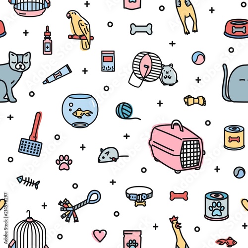 Seamless pattern with pet shop goods and cute domestic animals on white background. Colorful vector illustration in modern line art style for textile print, wrapping paper, wallpaper, backdrop.