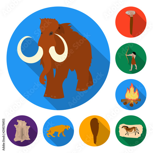 Life in the Stone Age flat icons in set collection for design. Ancient people vector symbol stock web illustration.