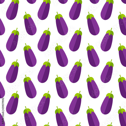 Fresh vegetable seamless pattern. Trendy background ornament with eggplant or aubergine vegetables in bright purple and violet colors. Creative vector illustration for diet decor or vintage wallpaper