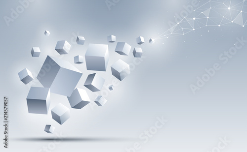 A group of 3d cubes floating to connect with an abstract geometric polygonal. Science and technology background. Big data and Internet connection. Abstract background. Vector illustration.