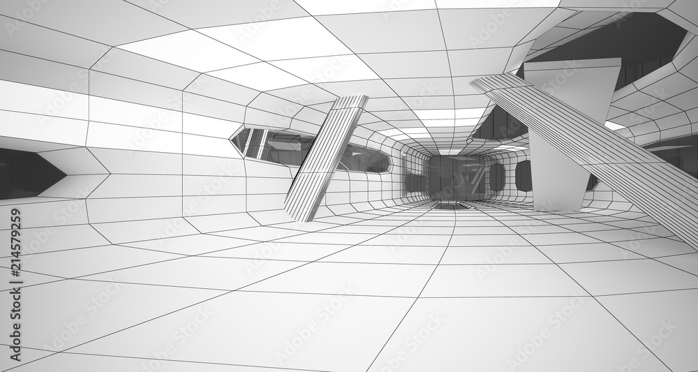 Abstract drawing white interior multilevel public space with window. 3D illustration and rendering. Abstract drawing white interior multilevel public space with window. 3D illustration and rendering.