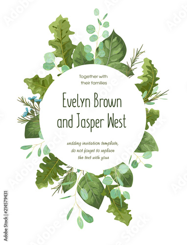 Vector watercolor pattern round frame of foliage for wedding invitations, postcards, advertising, wallpaper, sales, labels. Green rose leaves, eucalyptus, gerbera and blue wax flowers isolated