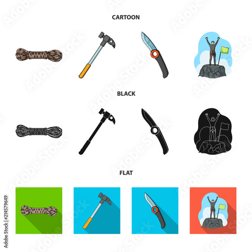Climber on conquered top, coil of rope, knife, hammer.Mountaineering set collection icons in cartoon,black,flat style vector symbol stock illustration web.