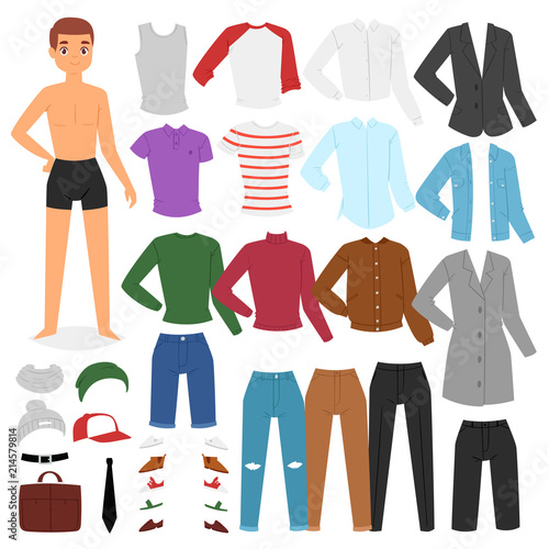 Man clothing vector boy character dress up clothes with fashion pants or shoes illustration boyish set of male cloth for cutting cap or T-short isolated on white background