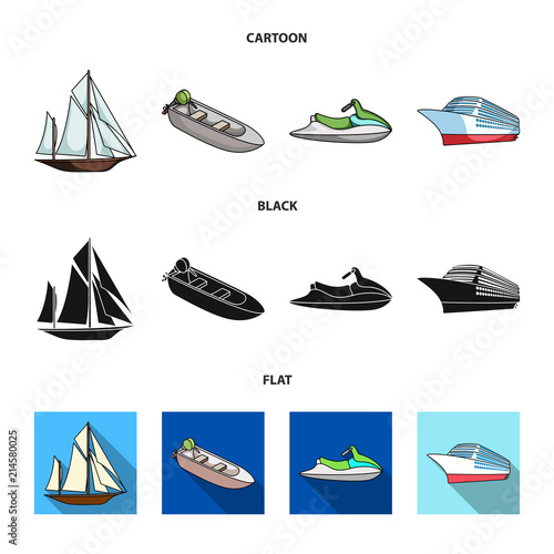 Ancient sailboat, motor boat, scooter, marine liner.Ships and water transport set collection icons in cartoon,black,flat style vector symbol stock illustration web.