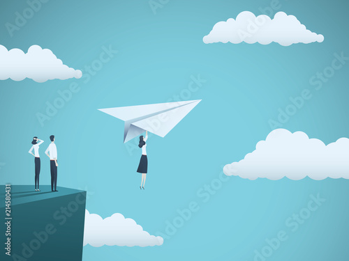 Business woman leader vector concept. Businesswoman flying with paper plane off a cliff. Symbol of strength, creativity, courage, leadership.
