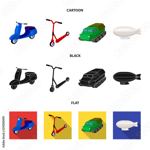 Motorcycle, scooter, armored personnel carrier, aerostat types of transport. Transport set collection icons in cartoon,black,flat style vector symbol stock illustration web.