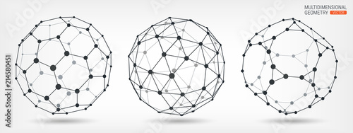 Multifaceted geometric shapes. Abstract background. Wireframe of lines and points. Complex geometric polygonal mesh. Transparent elements. Set of templates for design projects.