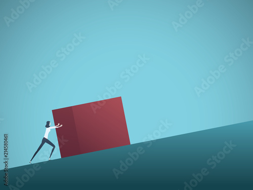 Business challenge vector concept with businesswoman as sisyphus pushing rock uphill. Symbol of difficulty, ambition, motivation, struggle.
