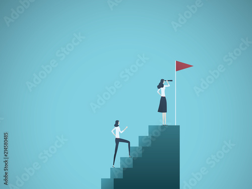 Business leader and visionary vector concept. Businesswoman and his follower on steps. Symbol of ambition, leadership, vision and achievement.