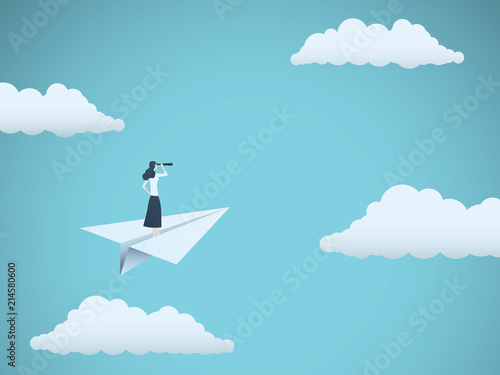 Business vision or visionary vector concept with businesswoman on paper plane with telescope. Symbol of woman leader, succes, ambition, leadership, future.