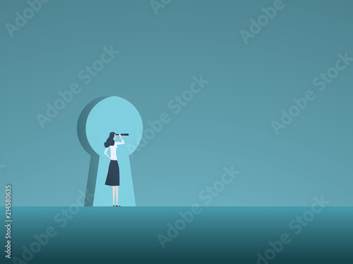 Business vision and solution vector concept with business woman looking through keyhole. Symbol of innovation, opportunity, success.