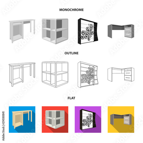 Dressing table, corner shelves, computer desk, wardrobe with glass. Bedroom furniture set collection icons in flat,outline,monochrome style vector symbol stock illustration web.