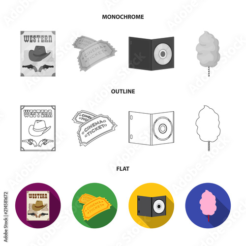 Western cinema, tickets, sweet cotton wool, film on DVD.Filmy and cinema set collection icons in flat,outline,monochrome style vector symbol stock illustration web.