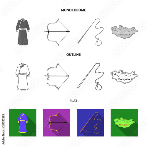 .mongol dressing gown, battle bow, theria on the map, Urga, Khlyst. Mongolia set collection icons in flat,outline,monochrome style vector symbol stock illustration web.