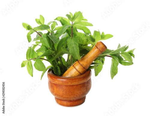 Mortar with fresh mint and pestle on white background