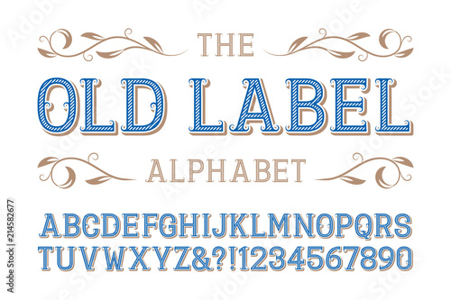 Old label alphabet. Diagonal ribbed letters and numbers with curly serifs.