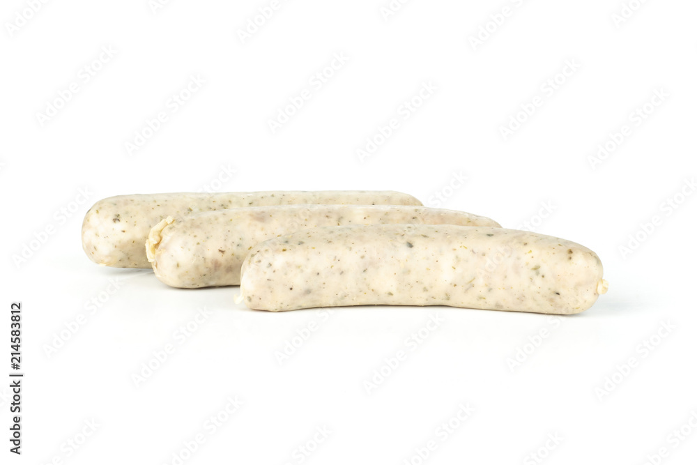 Group of three whole bavarian white sausage in row isolated on white