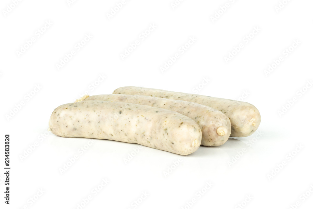 Group of three whole bavarian white sausage in row isolated on white Group of three whole bavarian white sausage in row isolated on white