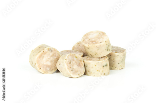 Lot of slices lot of pieces of bavarian white sausage isolated on white photo