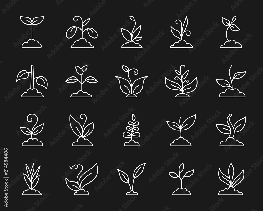 Fototapeta premium Grass simple white line icons vector set