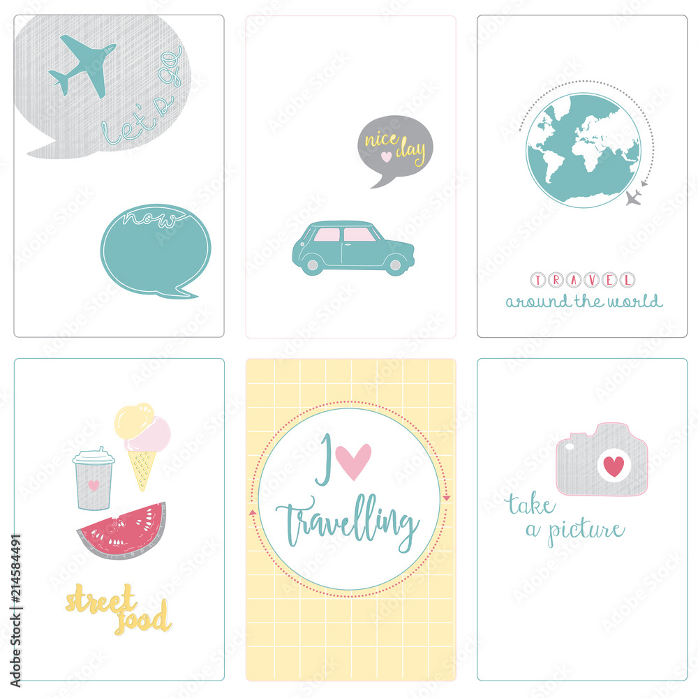 Fototapeta premium Set of travel illustrations. Cards with travel symbols. Travel by car, by air, by bicycle. Travel around the World. Street food. Flat style vector illustration. Marketing, tourism, scrapbooking.