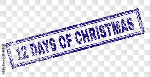 12 DAYS OF CHRISTMAS stamp seal print with corroded style and double framed rectangle shape. Stamp is placed on a transparent background.