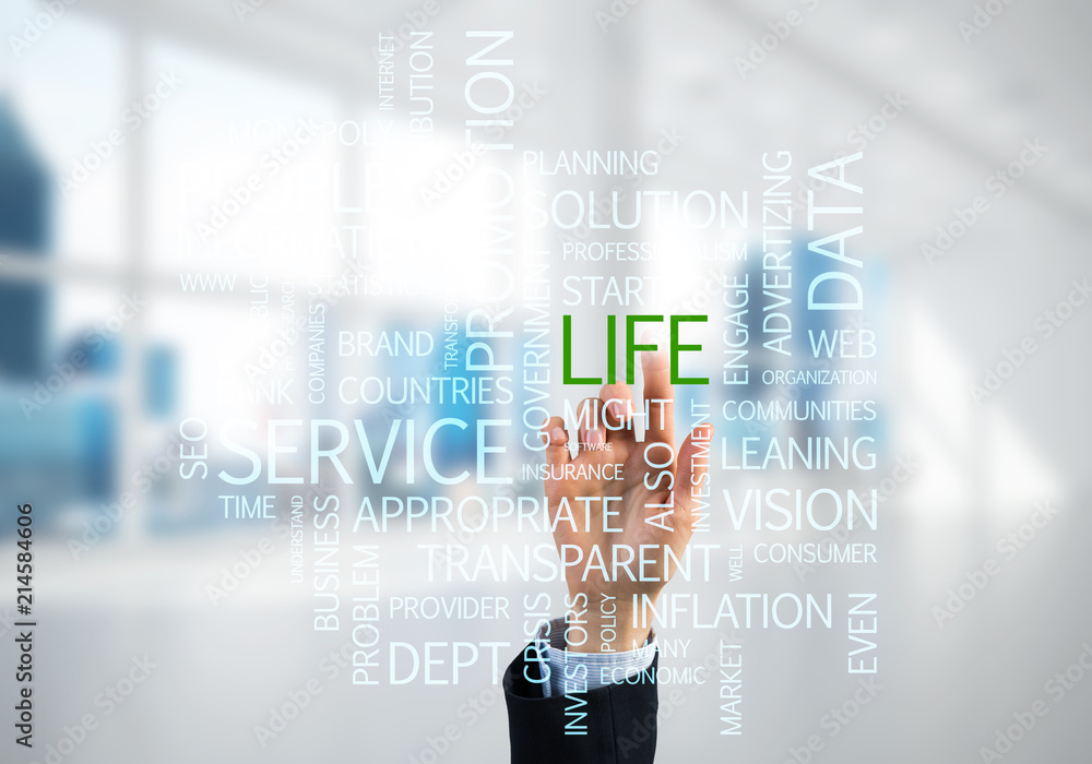 Concept of modern business with palm choocing on of keywords for success Concept of modern business with palm choocing on of keywords for success